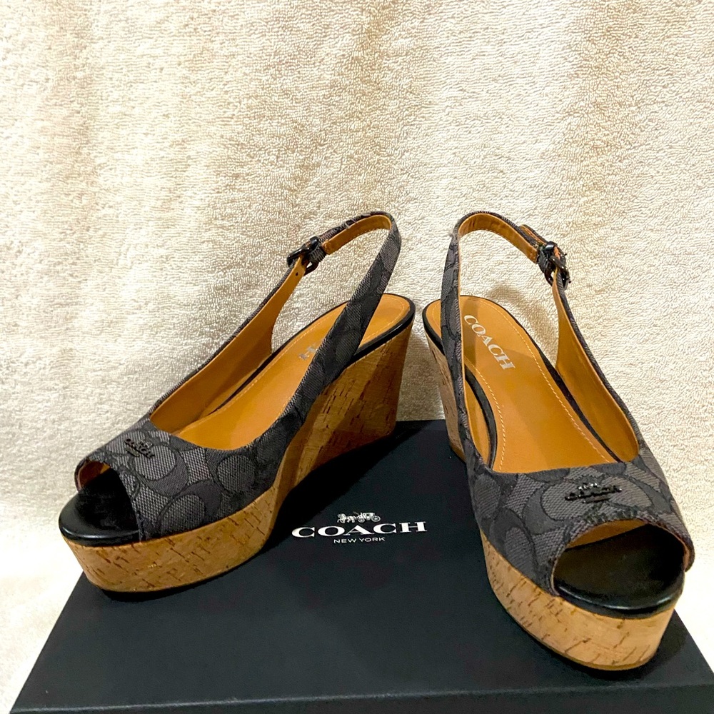 Coach 6.5 gray and black, sling back wedge,